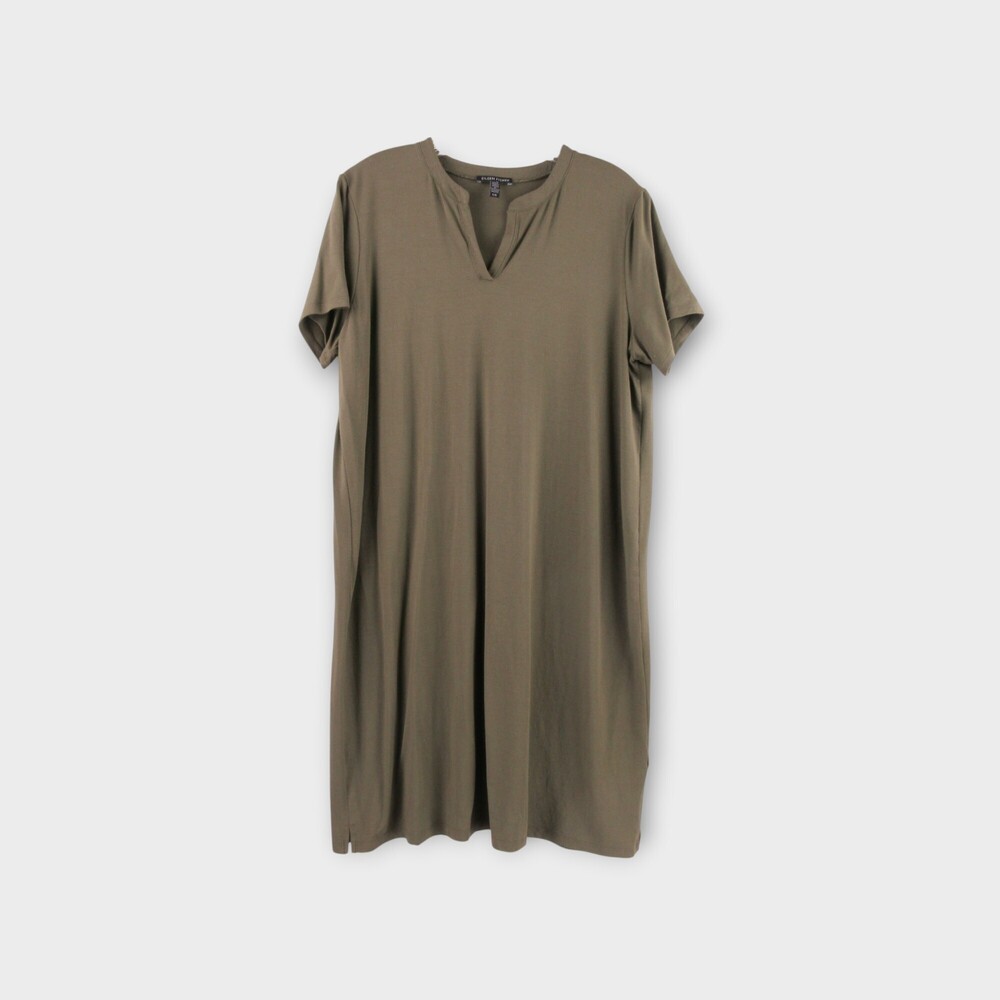 Eileen Fisher Split-Neck Knit Shift Dress Size L elevated timeless refined